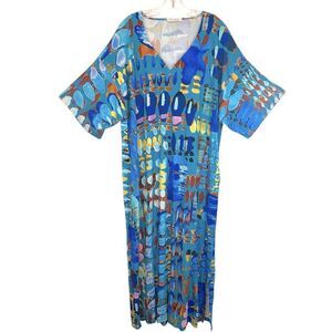 David Nieper Ladies Maxi Dressing Gown XL BLUE Floral Kaftan Lounge Graphic